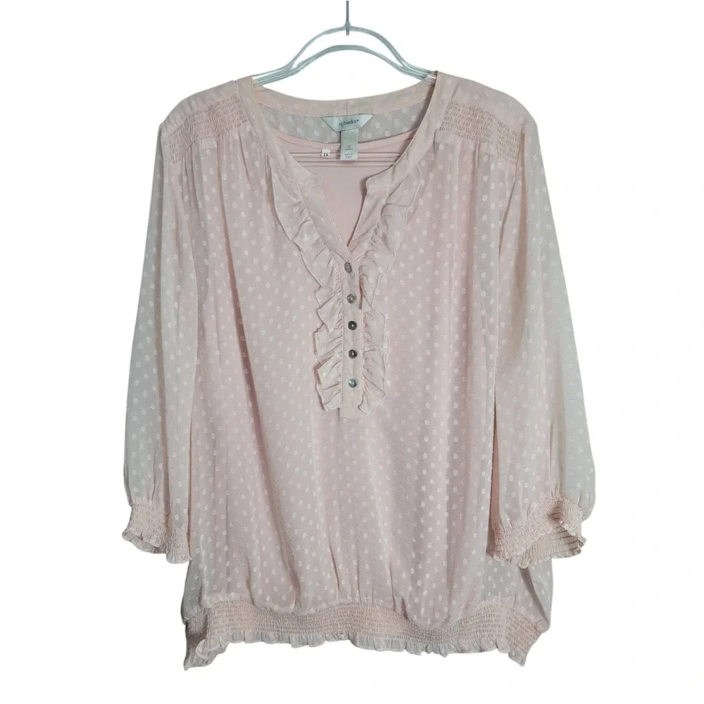 CJ Banks Women 2X Blouse Pink Swiss Dot Ruffle Smocked Hem 3/4 Sleeve Top